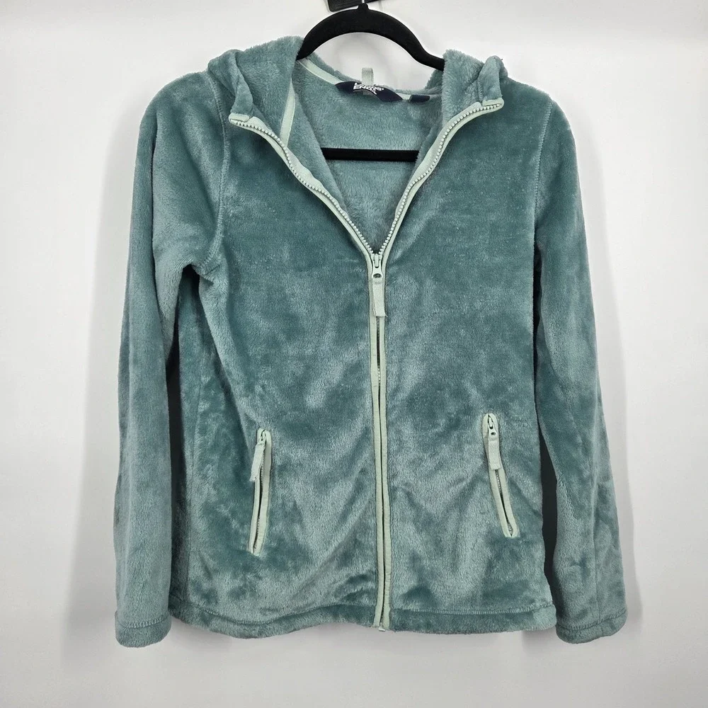 Lands End Girls Softest Fleece Jacket Size XL 14-16 Teal Hooded Zipper Outdoor